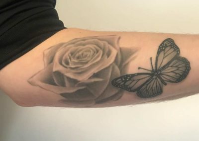 Andrez, tattoo, arm, butterfly, rose