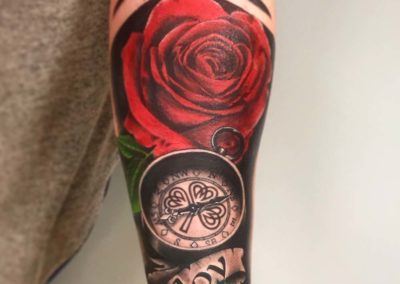 Andrez, tattoo, arm, rose, clock